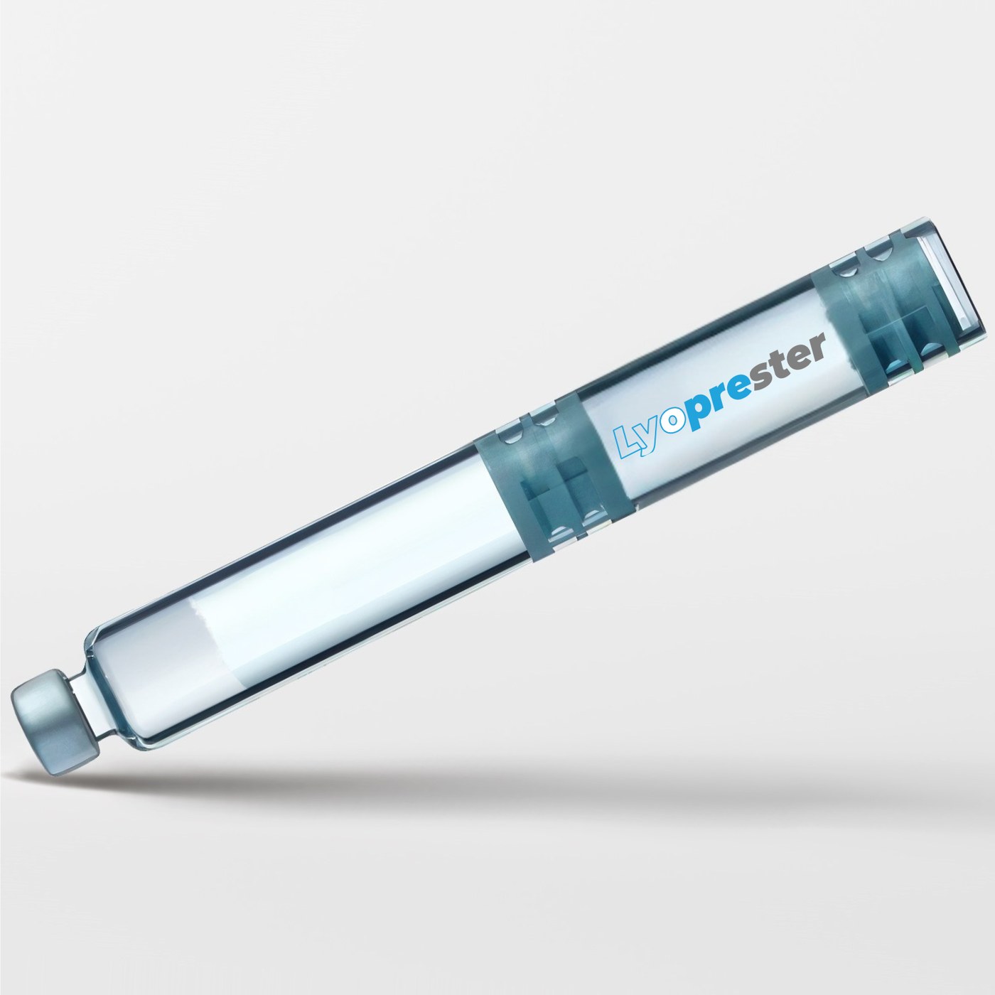 The actual Lyoprester dual-chamber cartridge — the real product photograph; every PeptoGem compound travels in it — Panacea Bio Chem